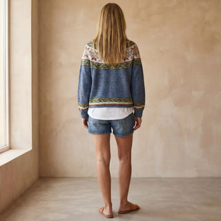 Cardigan rayé bleu, dos avec encolure dégagée et bandeau multicolore