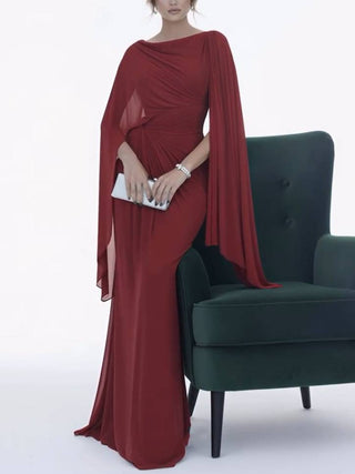 Robe maxi drapée à la taille, manches cape, rouge foncé, coupe longue