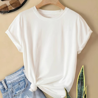T-shirt blanc à encolure ronde, manches courtes, coupe droite avec nœud à l'ourlet