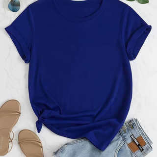 T-shirt bleu à encolure ronde, manches courtes, coupe droite nouée sur le bas