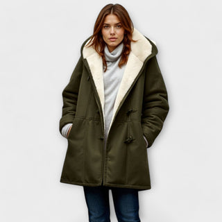 Manteau vert foncé à col en fourrure synthétique, boutons, poches plaquées