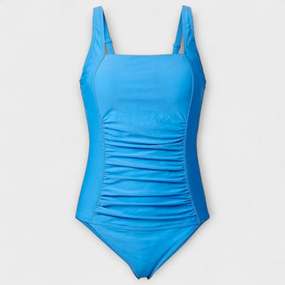 Maillot de bain rétro une pièce bleu ciel, bretelles, fronces sur le buste