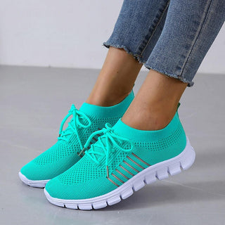 Baskets orthopédiques en maille turquoise pour femme, lacets et semelle amortissante blanche