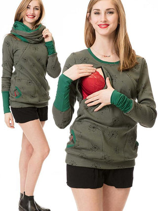 Sweat de maternité vert foncé imprimé, col montant vert, manches longues pour portage