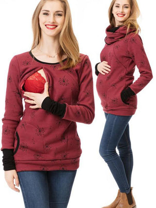 Sweat de maternité bordeaux à motif, empiècement portage visible, manches noires
