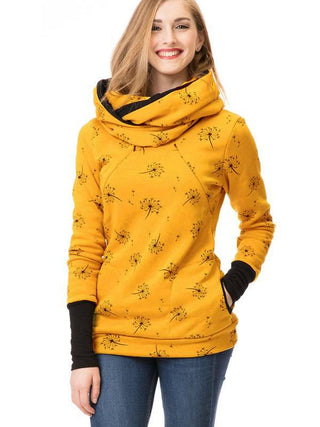 Sweat de maternité et portage jaune moutarde à motifs, capuche et poignets noirs