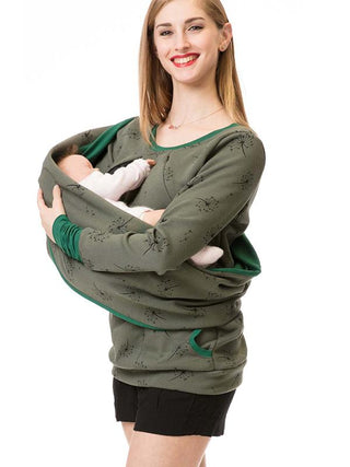 Sweat de maternité vert militaire à motifs, manches longues, coupe ample pour portage.
