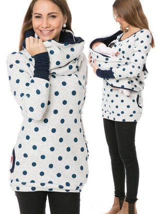 Sweat de maternité imprimé pois bleu et blanc, manches longues, coupe pour portage.