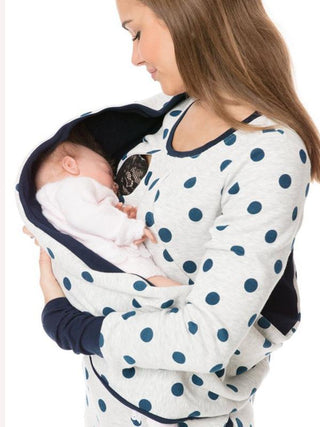 Sweat de maternité blanc à pois bleus, col et empiècement sombre, adapté au portage