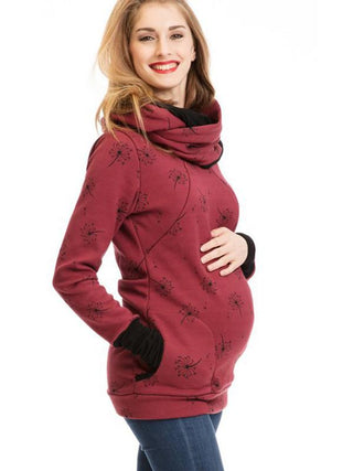Sweat de maternité bordeaux à petits motifs, col montant, poignets noirs, coupe confort