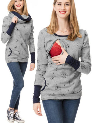 Sweat de maternité et portage gris clair à motifs (pissenlits) avec poignets bleu marine