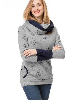 Sweat de maternité et portage gris clair à motifs pissenlits, capuche drapée autour du cou