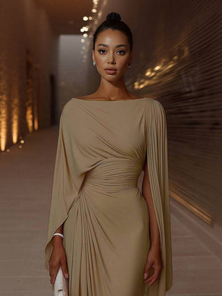 Robe maxi drapée à la taille, manches cape, beige clair, coupe longue