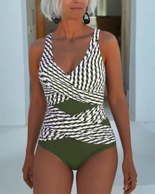 Maillot de bain une pièce vert à motif géométrique, décolleté croisé devant