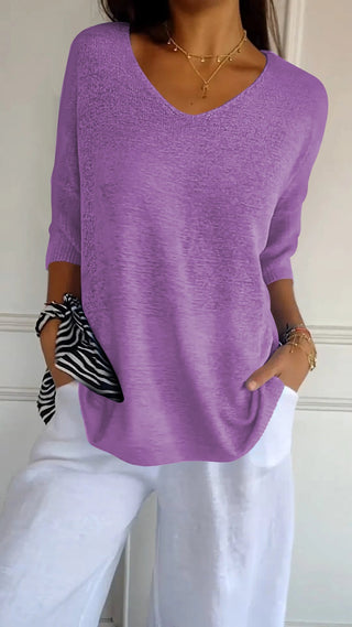 Blouse en maille légère lilas à encolure V, manches trois-quarts, coupe ample