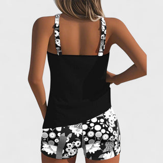 Ensemble de maillot de bain noir : débardeur dos nu et short à motifs fleurs