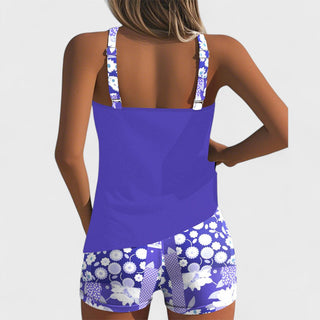 Ensemble de maillot de bain bleu : top dos nu croisé avec short assorti à fleurs