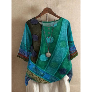 Haut bohémien manches 3/4, patchs à pois, vert et turquoise, encolure boutonnée