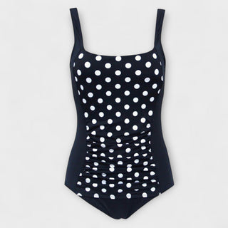 Maillot de bain rétro une pièce noir à pois blancs, bretelles, fronces