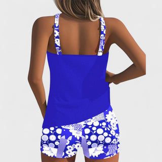 Ensemble de maillot de bain bleu : débardeur et short à motif floral blanc et bleu