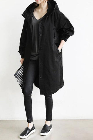 Manteau imperméable long à capuche, noir, fermeture à boutons au buste