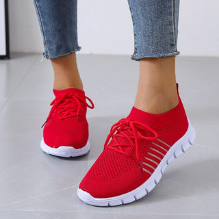 Baskets orthopédiques en maille rouge pour femme, lacets et semelle amortissante blanche
