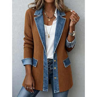 Veste en jean bordures contrastées, tissu marron côtelé, col châle et boutons.