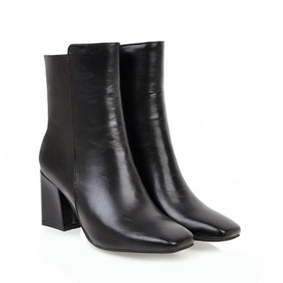 Bottines noires à talon bloc et bout carré, tige mi-montante, look brillant