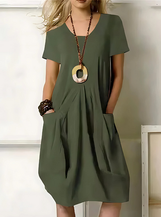 Robe élégante verte à manches courtes, taille froncée et jupe ample