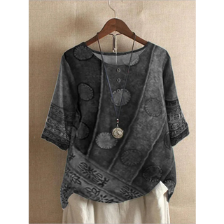 Haut bohémien manches 3/4, patchs à pois, gris foncé, encolure boutonnée