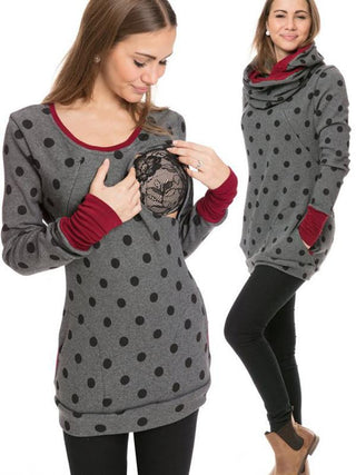 Sweat de maternité et portage gris à pois, ouverture sous emmanchure pour allaiter
