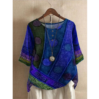 Haut bohémien manches 3/4, patchs à pois, bleu et indigo, encolure boutonnée