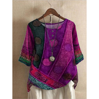 Haut bohémien manches 3/4, patchs à pois, violet et rose, encolure boutonnée