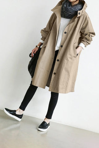 Manteau imperméable long à capuche, beige, fermeture boutonnée au centre