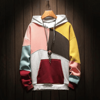 Sweat à capuche oversize patchwork, poche kangourou, zip, rose, jaune, bleu menthe et bordeaux.