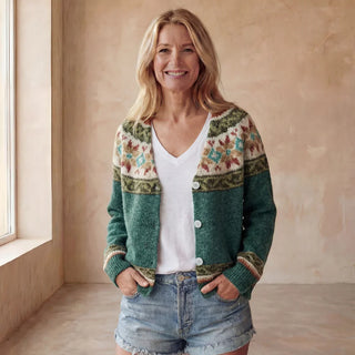 Cardigan rayé vert à boutons, encolure en V, bordures rayées multicolores