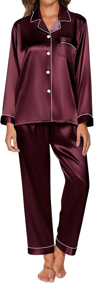 Ensemble de pyjama en satin bordeaux, chemise boutonnée col, pantalon long