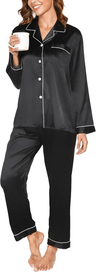 Ensemble de pyjama en satin noir, chemise boutonnée col, pantalon long assorti