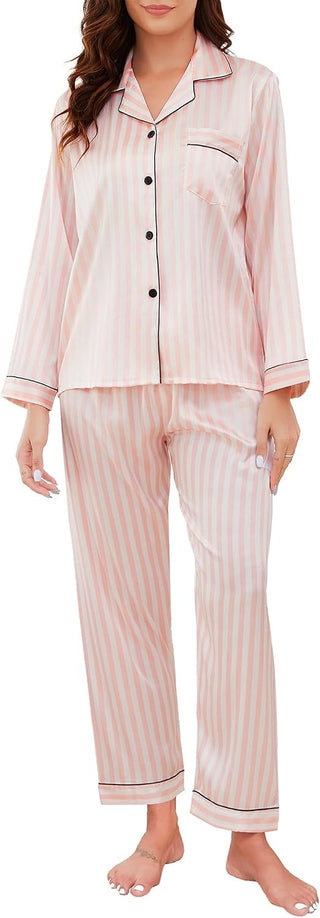 Ensemble pyjama satin femme rayé rose et blanc, manches longues boutonnées, pantalon long