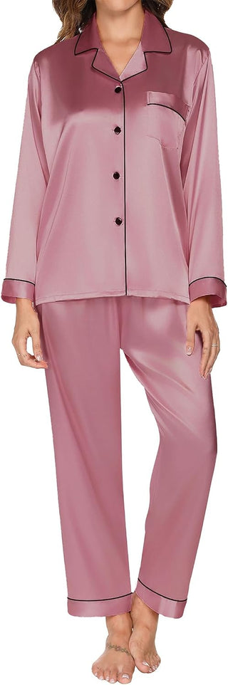 Ensemble pyjama satin femme manches longues boutonnées, rose poudré, pantalon long