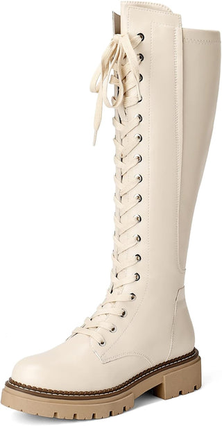 Bottes hautes pour femmes Dream Pairs beiges à lacets, semelle extérieure épaisse