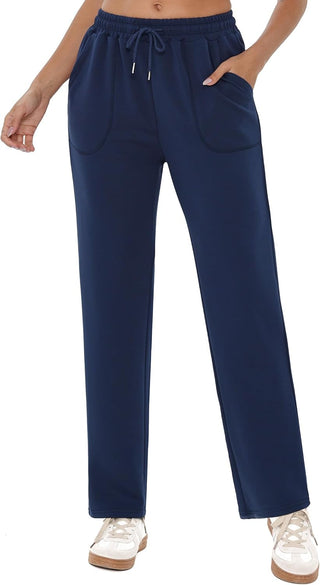 Pantalon de jogging femme bleu marine, taille élastique à cordon, poches plaquées