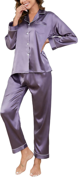 Ensemble de pyjama en satin lilas, chemise boutonnée col, pantalon long