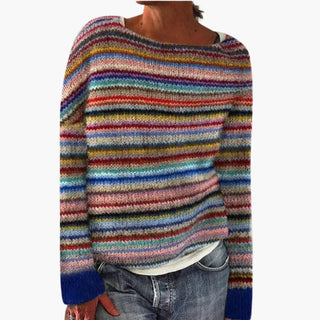Pull rayé multicolore à col rond, manches longues, laine douce.