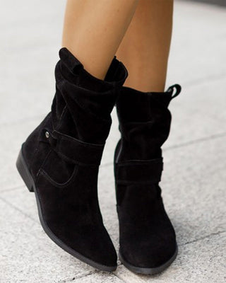 Bottes en suède noires à tige plissée, bride décorative et talon carré