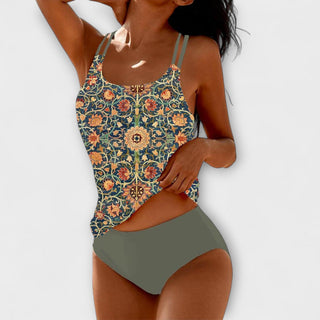 Ensemble de bikinis : top sans manches à motif fleurs et bas de bikini olive