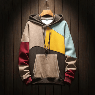 Sweat à capuche oversize patchwork, poche kangourou, zip, beige, bleu clair, jaune et bordeaux.