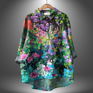 Chemise femme à manches longues à boutons, motif floral multicolore sur fond vert.
