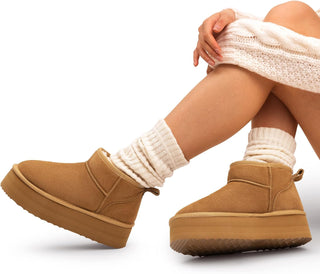 Bottines fourrées à plateforme en daim camel, à enfiler, semelle épaisse