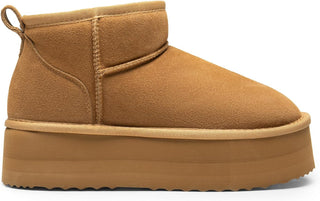 Bottines fourrées à plateforme en daim camel, bout arrondi, à enfiler